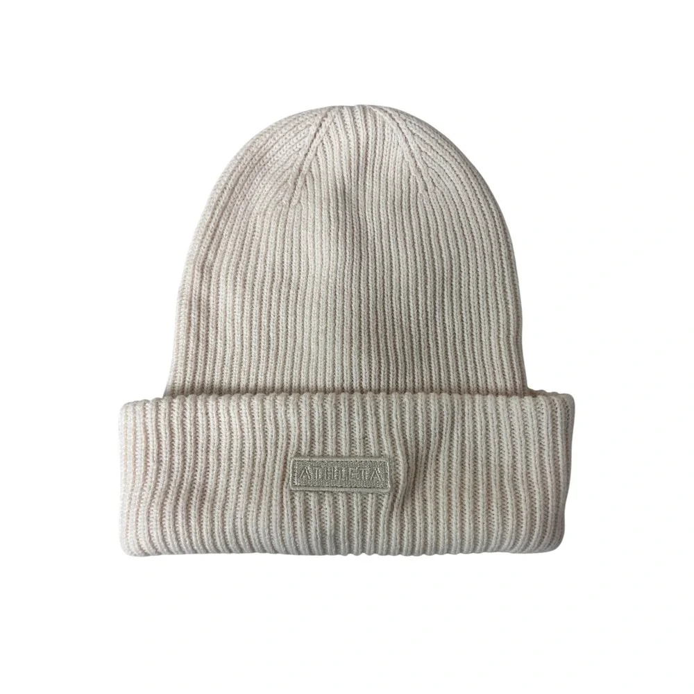 Athleta Beanie Women OS Cream Excellent Ribbed Knit Logo Cuff Hat